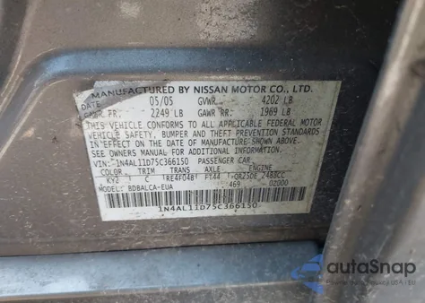 2005 Nissan Altima S/Sl from USA, damaged, VIN 1N4AL11D75C366150